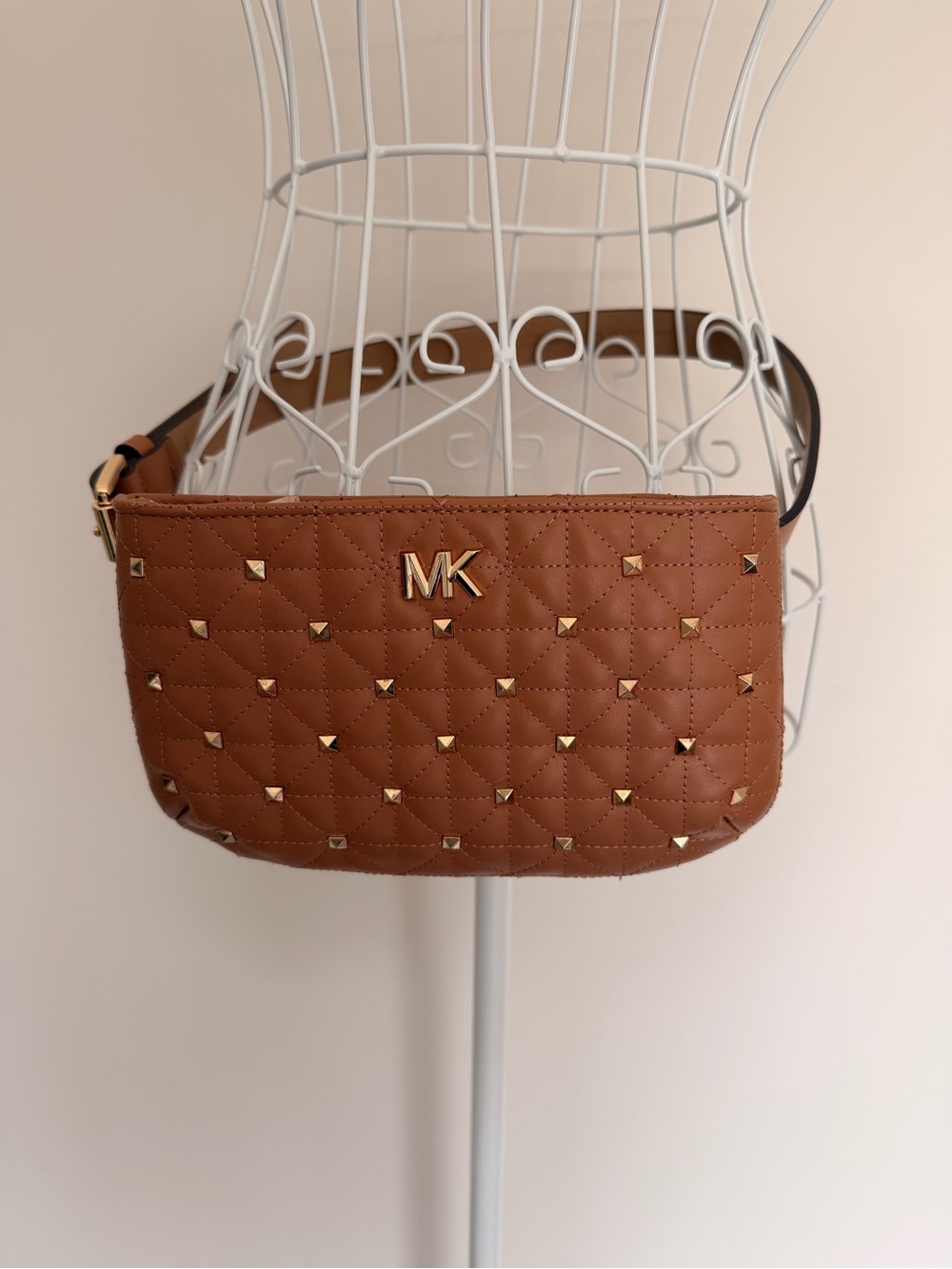 Michael Kors Tan Quilted Studded Crossbody Bag with Gold Logo